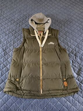 Womens Tokyo Laundry Olive Green Puffer Vest with Grey Hood UK Size 16